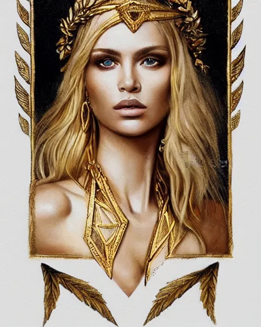 Image similar to tattoo sketch of hot blonde super model as aphrodite greek goddess wearing a gold laurel wreath and triangle earrings, beautiful piercing gaze with sharp pupils, in the style of greg rutkowski, fantasy, amazing detail, epic, elegant, smooth, sharp focus, front view