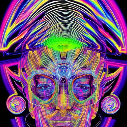 Image similar to mockup of a black tshirt with a hyperdetailed portrait of a futuristic robot by alex grey, 8 k, symetrical, flourescent colors, happy trippy mood, multicolored,