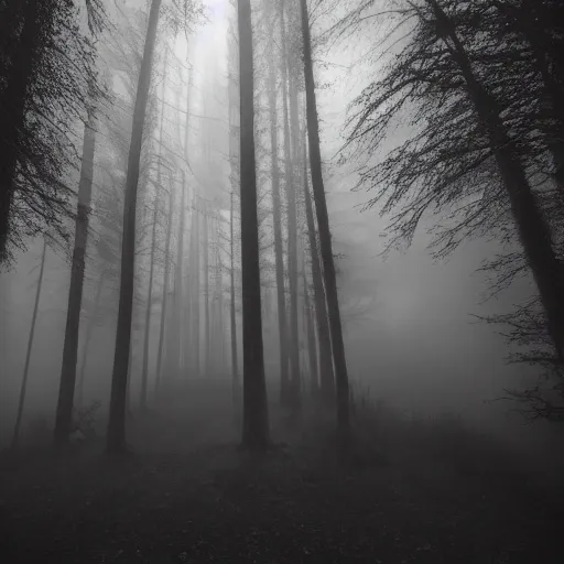 Image similar to a dark misty forest under the moonlight, an undescribable horror lurks below the misty layer, photorealistic, cinematic, hdr, pinhole camera