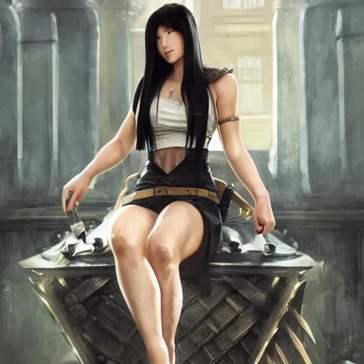 Image similar to a painting of tifa from final fantasy 7, in kings landing from game of thrones, sitting majestic on the iron throne, by greg rutkowski, artgerm, wlop, ruan jia, krenz cushart, alphonse mucha, marble, gold, unreal engine 5