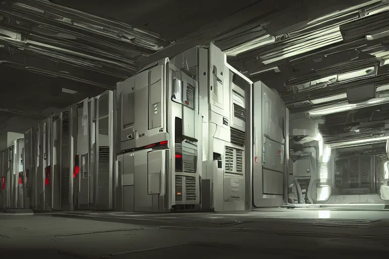 Image similar to parallax datacenter server room single mono colossus white rusty android roboman in artstation cinematic detailed concept art volumetric light sharp coherent cgsociety very very realistic