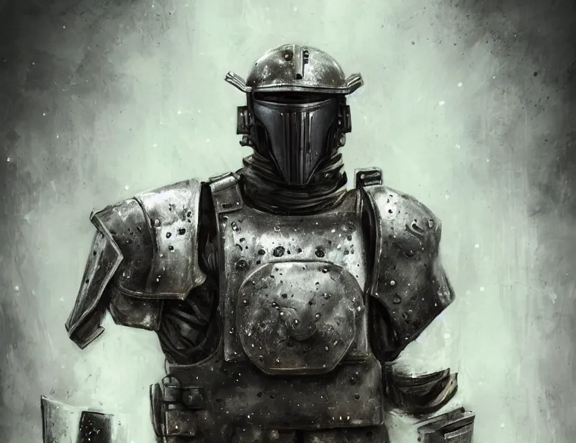 Image similar to a detailed portrait painting of a lone bounty hunter wearing combat armour and a reflective visor. Head and chest only. Brutalist, dystopian. Dieselpunk elements. Movie scene, cinematic sci-fi scene. Flight suit, cloth and metal, accurate anatomy. Samurai influence, knight influence. fencing armour. portrait symmetrical and science fiction theme with lightning, aurora lighting. clouds and stars. Atmospheric. Futurism by moebius beksinski carl spitzweg moebius and tuomas korpi. baroque elements. baroque element. intricate artwork by caravaggio. Oil painting. Trending on artstation. 8k