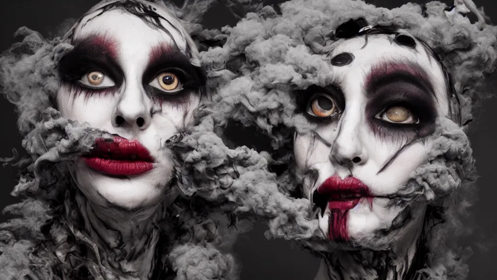 Prompt: monster inspired by smoke with hungry make up photographed by sally gall