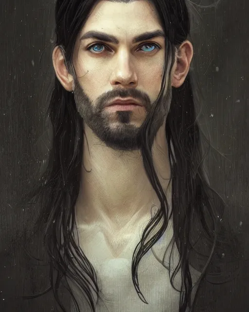 Image similar to portrait of tall, 3 3 - year - old handsome man with long dirty black hair, and ice grey eyes, wearing black clothes, no beard, hyper realistic face, beautiful eyes, close up, fantasy art, in the style of greg rutkowski, intricate, alphonse mucha, hyper detailed, smooth