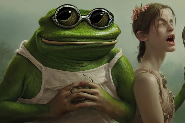 Image similar to music video screenshot of Pepe the Frog, unreal, fantasy, intricate, elegant, dramatic, highly detailed, photorealistic, digital painting, painterly, artstation, concept art, smooth, sharp focus, art by John Collier and Krenz Cushart and Artem Demura and Alphonse Mucha and Albert Aublet