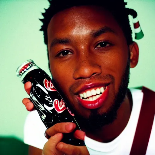 Prompt: 1 9 9 0's rapper looking into camera holding a bottle of coca - cola, cinestill, 8 0 0 t, 3 5 mm, full - hd