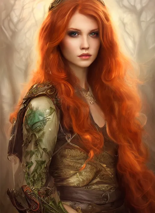 Image similar to a beautiful woman archer, 8 k, hyperrealistic, hyperdetailed, uhd, beautiful face, long ginger hair, dark fantasy, dark forest, fantasy portrait by laura sava