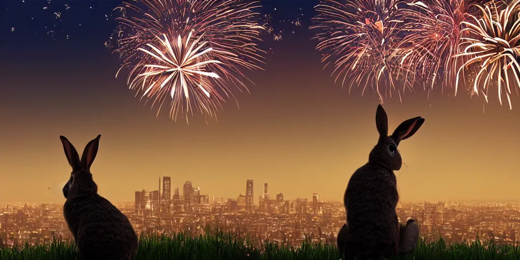 Image similar to a rabbit watching fireworks in the sky, sitting on a hill, city skyline in the background, nighttime, realistic digital art