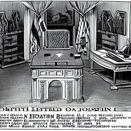 Image similar to president griffith from berserk at his white house oval office desk