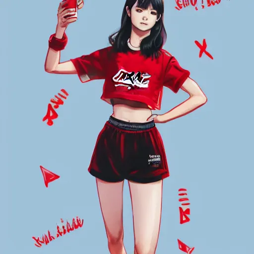 Prompt: suzu Hirose wearing crop red Coca Cola gym top with white Lettering, cropped red yoga short, Stanley Artgerm Lau, WLOP, Rossdraws, James Jean, Andrei Riabovitchev, Marc Simonetti, Yoshitaka Amano, digital art, artstation