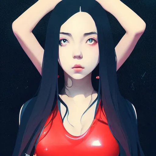 Image similar to a beautiful young japanese billie eilish kat dennings alluring instagram model in elaborate latex tank top, by guweiz and wlop and ilya kuvshinov and artgerm and makoto shinkai and studio ghibli, symmetrical eyes, aesthetic, gorgeous, stunning, alluring, attractive, artstation, deviantart, pinterest, digital art