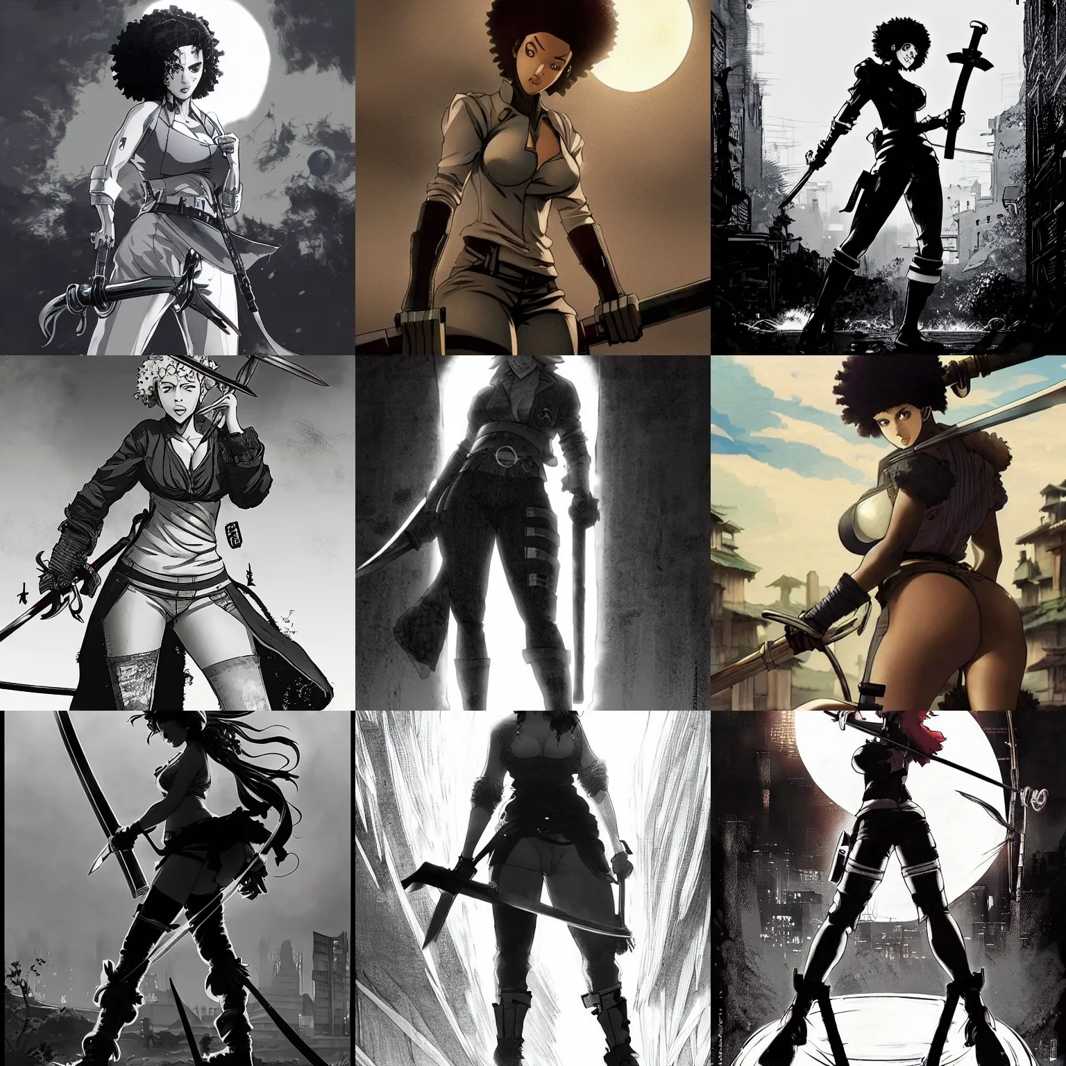 Prompt: thicc scarlett johansson, holding sword!! afro samurai anime style, full body profile, dynamic wide angle lens, manga style, greg rutkowski, pencil and ink, full moon lighting, fully clothed, daisy dukes, black and white, in a post apocalyptic city