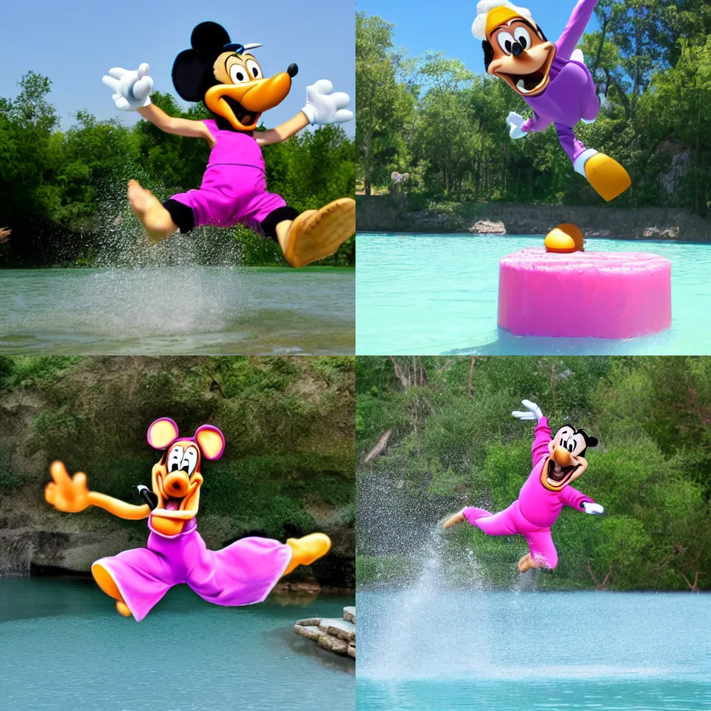 Prompt: the character goofy jumping into pink water
