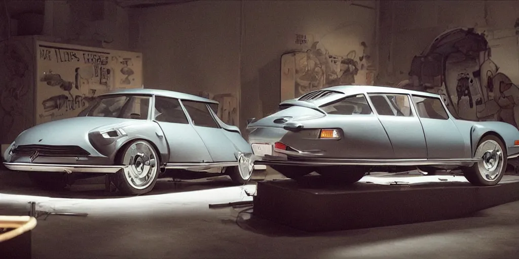 Image similar to A concept model of a 1975 citroen DS, science fiction set painted by James Jean, cinematography by Darren Aronofsky, composition by Fritz Lang
