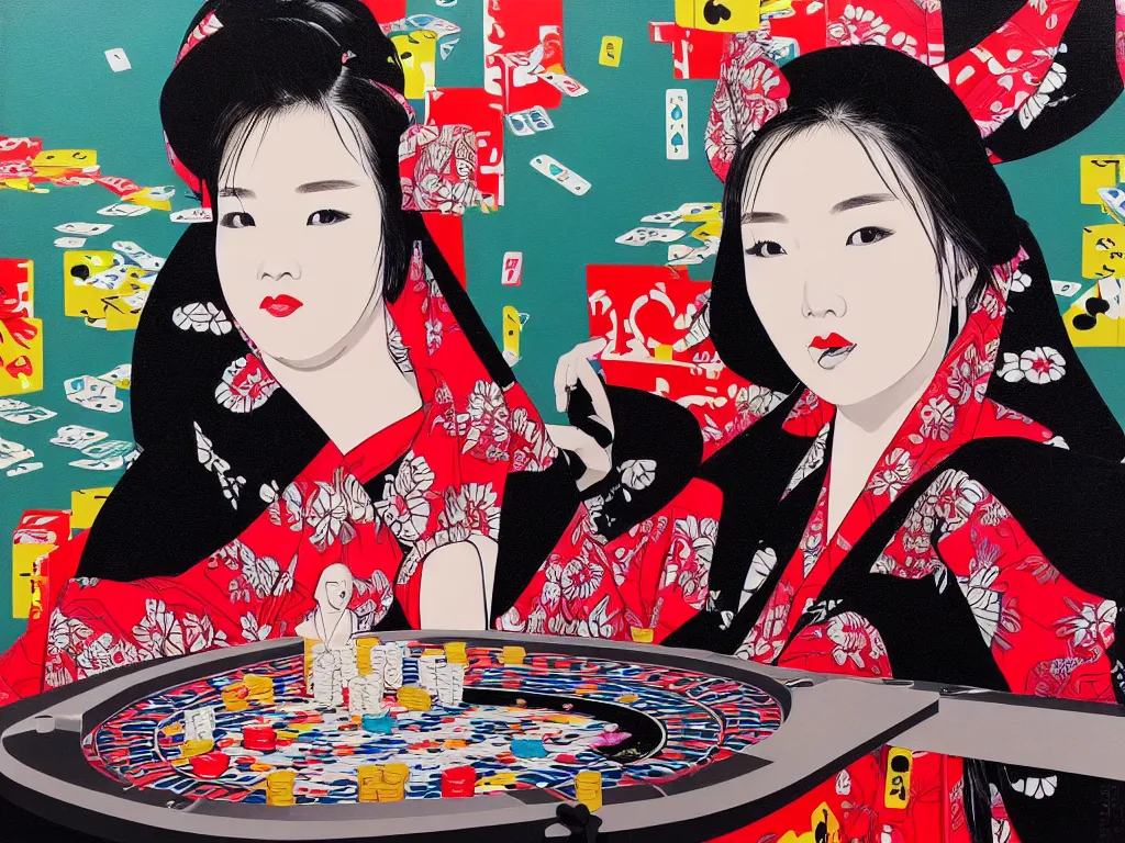 Image similar to hyperrealism composition of the detailed woman in a japanese kimono sitting at an extremely detailed poker table with darth vader, fireworks on the background, pop - art style, jacky tsai style, andy warhol style, acrylic on canvas