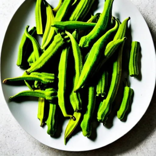 Image similar to a dish of okra veg with green stalky ( ( green oprah winfrey's face ) ), oprah okra winfrey sentient veg