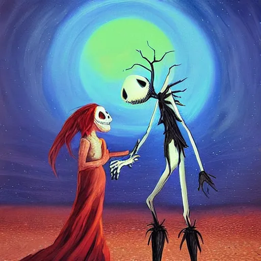 Image similar to “ a nightmare before christmas, jack skellington dances with sally, dystopian desert christmas, award winning, in the style of paul bonner, oil on canvas. ”