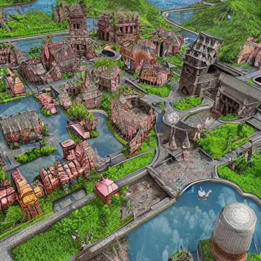 Prompt: magical final fantasy inspired town, european, highly detailed, unreal engine, concept art