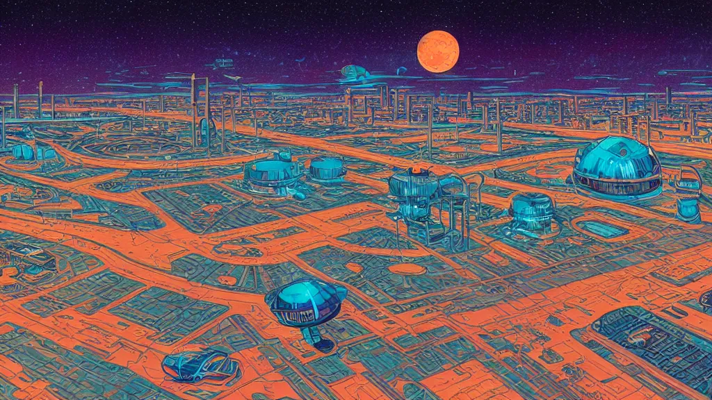 Image similar to spaceport at night by naomi okubo and dan mumford