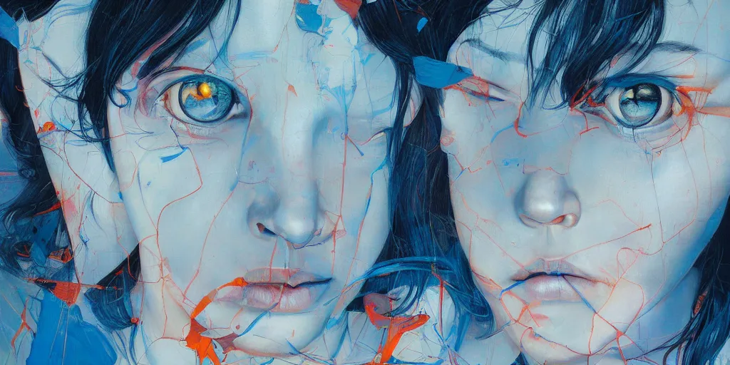 Image similar to monumental portrait soft light by james jean and satoshi kon and erik jones, inspired by evangelion, smooth feature, intricate oil painting, high detail illustration, sharp high detail, klein blue 1 9 9 9