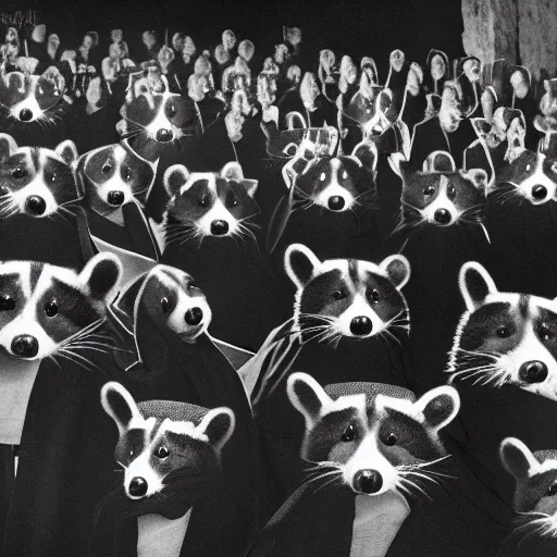 Prompt: vintage professional camera photo, a group of raccoons wearing dark cult robes look towards the camera in surprise and anger as they perform a dark occult evil ceremony inside the secret lair of an underground mystery cult, raccoon evil high priest in ornate robe leads the ritual, dramatic candlelight, pentagrams, ultra - detailed, photorealistic, 4 k