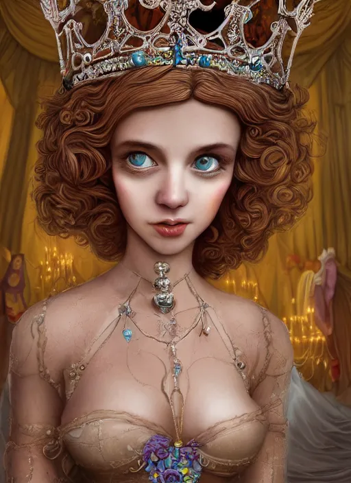 Prompt: cartoon closeup medieval robert crumb face portrait of a fairytale princess wearing a crown eating cakes in the castle, bikini, depth of field, zeiss lens, detailed and intricate environment, fashion photoshoot by nicoletta ceccoli, mark ryden, lostfish, breathtaking, 8 k resolution, extremely detailed, beautiful, establishing shot, artistic, hyperrealistic, octane render