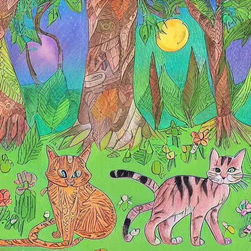 Image similar to Accurate and realistic representation of a cat in a magical dense, lush forest filled with wisdom, love, and courage.. Epic composition. Harmonic colored disposition, expertly blended and shaded. HD. 8k. 4.k HQ. UHD . Colored pencils and color inks on two joined sheets of paper