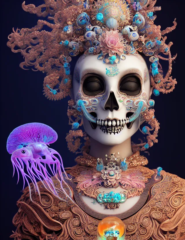 Image similar to 3 d goddess close up profile portrait with skull. beautiful intricately detailed chinese peking opera mask and clasical chinese cheongsam. betta fish, jellyfish phoenix, bio luminescent, plasma, ice, water, wind, creature, artwork by tooth wu and wlop and beeple and greg rutkowski