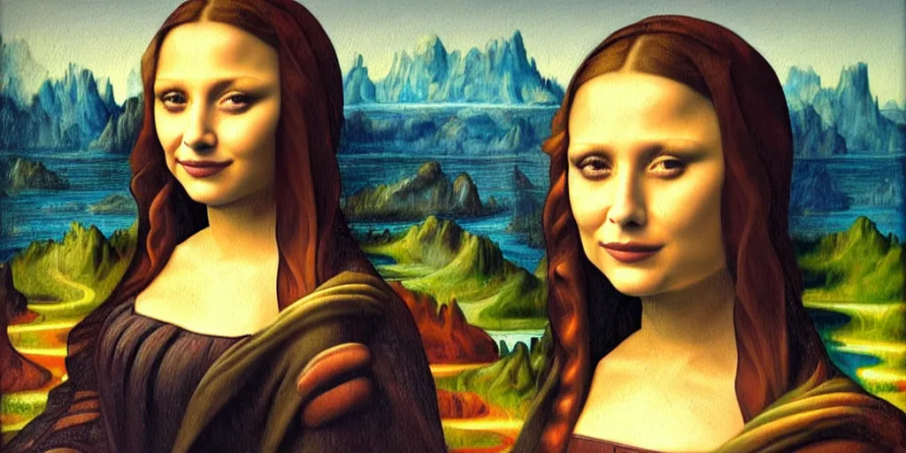 Prompt: An oil painting portrait of Elizabeth Olsen in the style of the Mona Lisa, by Leonardo da Vinci, trending on arstation