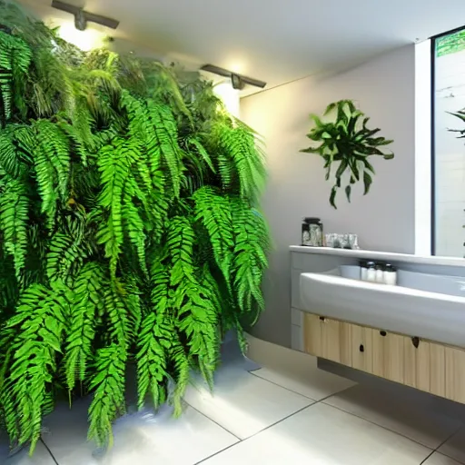 Prompt: an estate agent photo of a bathroom full of ferns and poison dart frogs, unreal engine