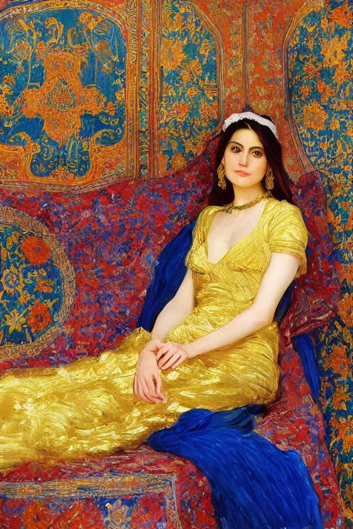 Prompt: gorgeous iranian girl waer detailed golden blue dress lay down on a detailed persian carpet a big tree palm persian pot, painting by john singer sargent