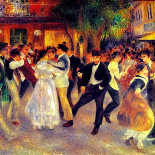 Prompt: impressionist drawing by renoir of a strobo lights disco party in the streets of an old south italy town, many young people dancing, art nouveau frame, high definition,