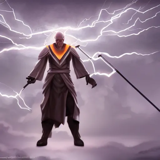 Image similar to thunder man, storm, lightning, spell, staff, white robe, hallway, artstation