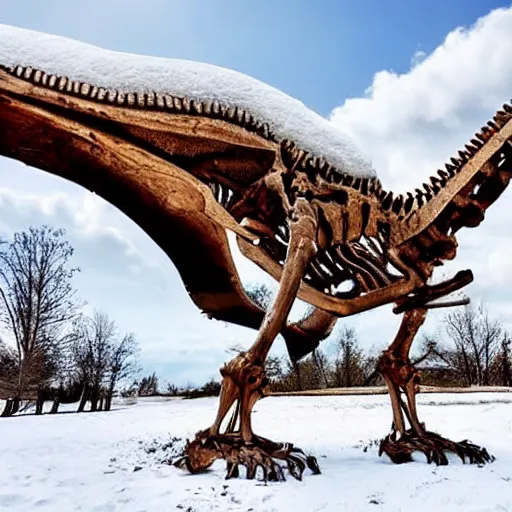 Image similar to snow landscape with gigantic dinosaur skeleton fossile bones half burried in snow