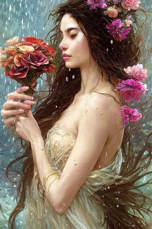 Image similar to portrait of a beautiful mysterious drenched woman holding a bouquet of flowing flowers, drenched clothing, wet dripping long hair, hands hidden under the bouquet, emerging from the water, fantasy, regal, intricate, by stanley artgerm lau, greg rutkowski, thomas kindkade, alphonse mucha, loish, norman rockwell