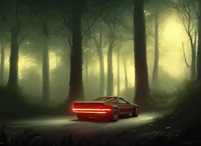 Prompt: detailed intricate digital illustration by greg rutkowski and artgerm and wlop and sanford robinson gifford ; 1 9 8 8 vehicle, glowing headlights, foggy forest in background ; 1 3 mm film, wide angle arri alfa anamorphic lens ; sharp focus, soft evening lighting, trending on artstation 4 k