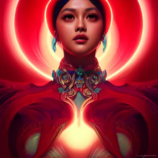 Image similar to liza soberano as darna, volumetric lights, red and cyan theme, art nouveau botanicals, intricate, highly detailed, digital painting, artstation, concept art, smooth, sharp focus, cinematic, illustration, beautiful face, art by artgerm and greg rutkowski and alphonse mucha