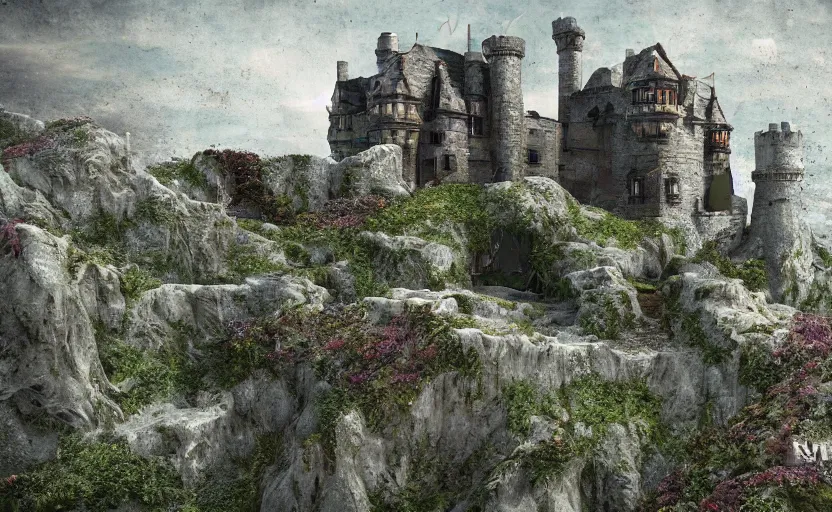 Image similar to a abandoned castle on the edge of a high cliff, 8 k, shallow depth of field, intricate detail, concept art,