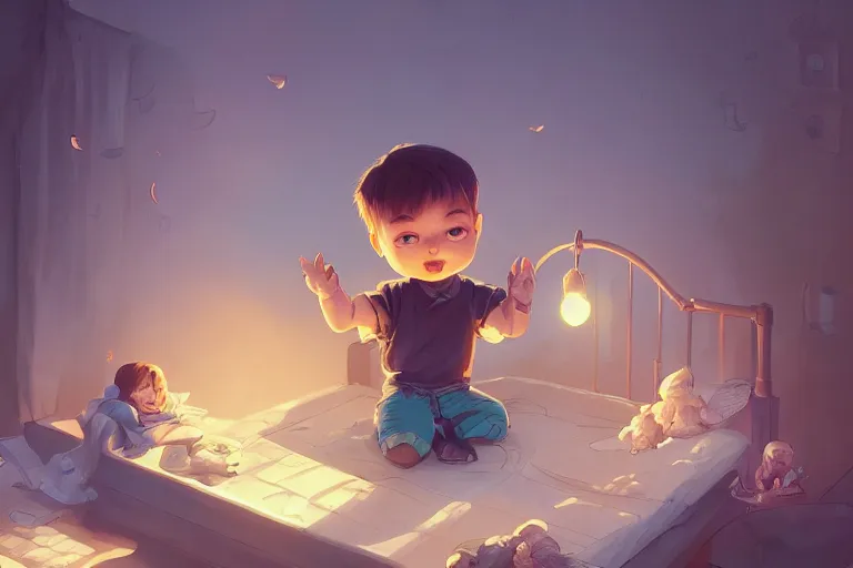 Prompt: a beautiful illustration of a little cute boy doesn't want to sleep, fantasy, intricate, epic lighting, cinematic composition, hyper realistic, 8 k resolution, unreal engine 5, by artgerm, tooth wu, dan mumford, beeple, wlop, rossdraws, james jean, marc simonetti, artstation