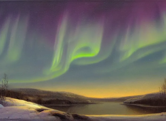 Image similar to aurora borealis above the snowed in fields and villages of lapland, finland in the style of hudson river school of art, oil on canvas