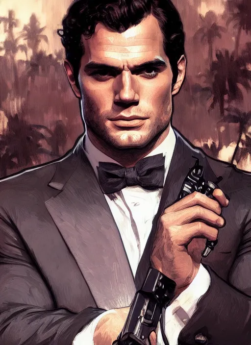 Image similar to portrait of henry cavill as james bond, key art, palm trees, vintage aston martin, highly detailed, digital painting, artstation, concept art, cinematic lighting, sharp focus, illustration, by gaston bussiere alphonse mucha