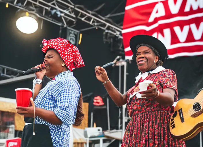 Image similar to photo still of aunt jemima in period attire at vans warped tour!!!!!!!! at age 4 0 years old 4 0 years of age!!!!!!! on stage throwing pancakes to the crowd, 8 k, 8 5 mm f 1. 8, studio lighting, rim light, right side key light