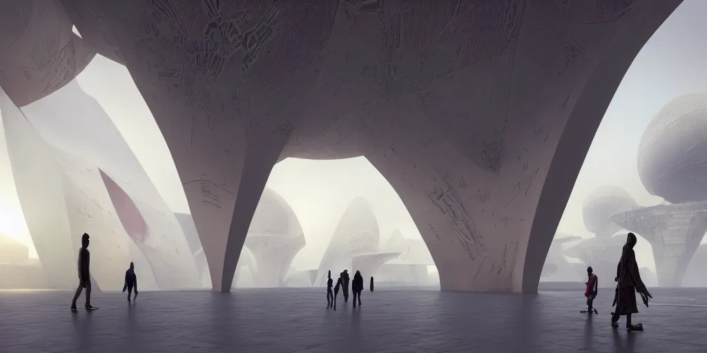 Image similar to the inside of a monument with nigerian motifs, by tim blandin and arthur haas and bruce pennington and john schoenherr, big windows architecture by zaha hadid, octane render, warm colour scheme, white, cinematic, scenery, cgsociety, modernism, futuristic, trending on artstation, sci - fi, high detail, high quality, close up angle, people walking