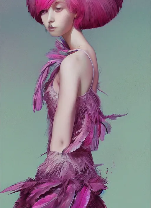 Image similar to beautiful teen girl with an eccentric pink haircut wearing an dress made of feathers, artwork made by ilya kuvshinov, inspired in donato giancola, anatomically perfect