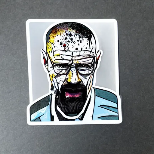 Image similar to die cut sticker, walter white wearing the joker outfit, splatter paint