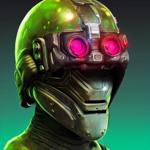 Image similar to helmet cyberpunk made of green lava and fire in borderlands 3 style, concept art character modeling, body made of green lava and fire, marvelous designer, z brush, maya, digital 3 d, 4 k, epic size, epic scale, ultra detailed digital art, furry art, macro art, deviantart, realistic