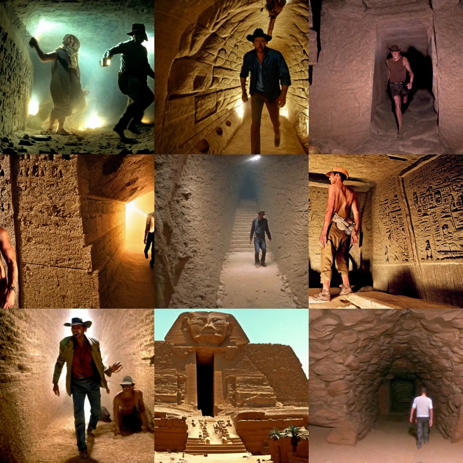Prompt: giant avacado chases indiana jones in huge dusty egyptian tomb, perfectly lit. movie still