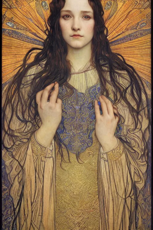 Image similar to detailed realistic beautiful young medieval queen face portrait by jean delville, alphonse mucha, vincent van gogh, and marco mazzoni, art nouveau, symbolist, visionary, gothic, pre - raphaelite