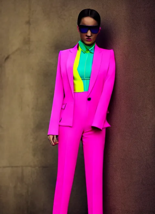 Image similar to trouser suit for a rave, bright colors, photo for a magazine, photo for a store, fashion photography, Vogue, 135 mm, cinematic, high detail, 8k, dynamic pose,Smooth skin, perfect face