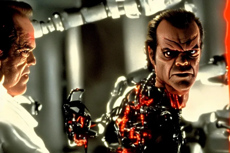 Image similar to Jack Nicholson plays Terminator, his one yes glow red, scene where his endoskeleton gets exposed, still from the film